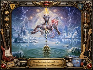 A sinister spectral figure rises above a frozen, otherworldly landscape, clutching a glowing crimson relic as lightning illuminates icy ruins and dark waters. Cool blue, violet, and silver tones contrast with fiery gold and vivid red accents. Ornate metallic framing, guitars, skulls, and rock memorabilia create a theatrical, richly textured heavy-metal atmosphere.