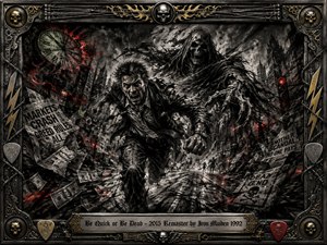 A terrified man races through a ruined city as a towering spectral reaper reaches after him, surrounded by flying money, shattered headlines, smoke, and debris. Deep charcoal textures dominate, sharpened by blood-red streaks and metallic gold accents. Dramatic lighting, frantic diagonals, and an ornate industrial frame create a menacing, urgent heavy-metal atmosphere.