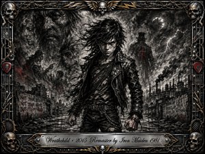 A defiant young rocker stands amid a ruined industrial wasteland, surrounded by ghostly faces, storm clouds, lightning, and fractured memories. Deep charcoal blacks, ash grays, metallic silver, and restrained red accents create a furious, haunted mood. An ornate skull-and-barbed-wire frame and engraved chrome title plate complete the gritty heavy-metal composition.