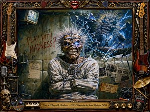A grotesque, chained figure dominates a decaying padded cell, surrounded by shattered glass, electric-blue lightning, concert imagery, and a sinister grinning apparition. Ornate rosewood and gold framing incorporates guitars, drums, piano keys, microphones, and memorabilia. Sickly greens, metallic browns, deep shadows, and cold blue highlights create a chaotic, theatrical heavy-metal atmosphere with richly textured painted realism.