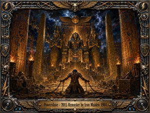 A chained figure kneels before a colossal Egyptian throne surrounded by towering statues, hieroglyphic pillars, obelisks, and blazing braziers beneath a stormy sky. Golden firelight contrasts with deep blue-black shadows and lightning. Rich oil-painted textures, monumental symmetry, metallic ornamentation, skulls, chains, and an elaborate music-inspired frame create an ominous, powerful atmosphere.