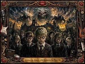 A sinister horde of pale, white-eyed children dominates a ruined gothic school beneath a storm-torn sky, led by a blond boy marked with 666. A colossal red-eyed creature emerges from swirling clouds as lightning illuminates crows and broken architecture. Dark charcoal textures, fiery amber highlights, ornate gold framing, and rock memorabilia create a dramatic, ominous heavy-metal atmosphere.
