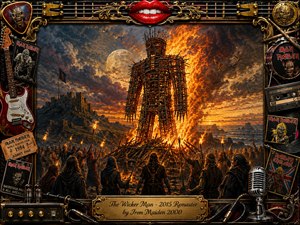 A towering wicker man burns fiercely on a rocky seashore beneath a dramatic sunset and full moon, surrounded by torch-bearing figures and distant castle ruins. Fiery orange, crimson, charcoal, and gold dominate the palette, creating an ominous yet majestic mood. Richly textured painterly detail is framed by ornate gold-and-black musical memorabilia.