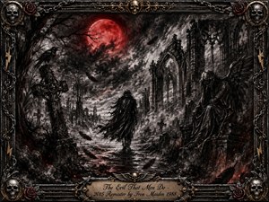 A lone cloaked figure crosses a ruined gothic graveyard beneath a blazing red moon, surrounded by ravens, drifting feathers, broken crosses, and crumbling arches. Deep charcoal textures, smoky grays, ember-red highlights, and cold metallic shadows create a tragic, ominous mood, framed by ornate skulls, roses, chains, and gold-inlaid metalwork.