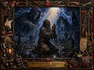 A tortured figure kneels in a stormy graveyard beneath radiant heavenly light, facing a towering skeletal reaper beside a ruined Gothic cathedral. Deep blue, charcoal, and silver tones contrast with warm candlelight and distant flames. The richly textured painted composition feels ominous and spiritual, surrounded by an ornate vintage metal-and-wood frame filled with musical memorabilia.