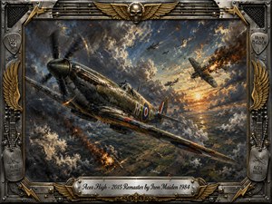 A dramatic oil-painted aerial battle surges across storm-dark skies as a British fighter banks toward the viewer amid tracers, explosions, and burning enemy aircraft. Steel blues, smoky grays, and fiery oranges create fierce contrast beneath sunset light. An ornate riveted chrome-and-gold frame, winged skull, dog tags, and engraved title plate complete the heroic heavy-metal atmosphere.