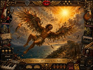 A dramatic oil-painted vision shows Icarus plunging through a stormy golden sky, his scorched feathered wings blazing beneath a radiant sun. Ancient coastal ruins and mountains frame the distant sea, while flying feathers and embers emphasize movement. An ornate bronze-and-gold rock memorabilia frame surrounds the scene, filled with guitars, records, drums, amplifiers, and concert artifacts, creating a powerful mythic heavy-metal atmosphere.