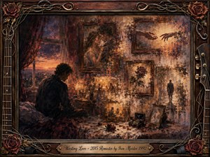 SongData-Wasting_Love-Iron_Maiden-1992 A solitary man sits in a dim bedroom at sunset, surrounded by fading framed memories of romance, reaching hands, roses, and a distant figure walking away. Warm amber, burgundy, sepia, and smoky blue tones create a mournful glow. Impressionistic oil and watercolor textures dissolve softly within an ornate rosewood, gold, and guitar-themed frame.