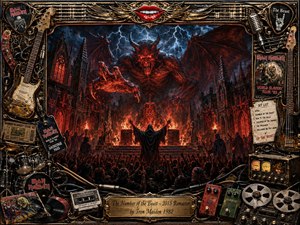 A horned red demon towers over a torchlit ritual crowd amid gothic ruins and stormy skies, with blazing flames, lightning, and a glowing 666 altar creating a sinister, apocalyptic mood. Rich reds, blacks, bronze, and electric blue dominate the dramatic composition. Elaborate metallic musical memorabilia frames the scene in a richly textured heavy-metal fantasy style.