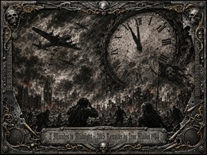 A colossal cracked clock looms over a war-torn city as bombers cross storm-darkened skies and figures wander through smoking ruins. Deep charcoal textures, smoky grays, and faint ember-red highlights create a grim apocalyptic mood. An ornate metal frame of skulls, barbed wire, rivets, and gold filigree intensifies the heavy-metal atmosphere.