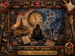 A richly textured heavy-metal collage depicts a solitary figure confronting a shattered clock, ruined landscape, ghostly memories, and a distant futuristic city. Warm sunset oranges contrast with cold steel blues and smoky grays. Ornate gold-and-red framing surrounds guitars, drums, records, roses, skulls, photographs, and an hourglass, creating a dramatic, nostalgic oil-painted atmosphere.