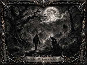 A lone figure walks a winding moonlit path through a haunted forest of twisted trees, drifting fog, ravens, and shadowy watchers. Deep charcoal blacks, smoky grays, and silver highlights create a tense gothic mood. An ornate metal frame of skulls, guitars, barbed wire, and gold accents surrounds the dramatic scene.