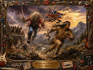 A dramatic heavy-metal fantasy scene shows Iron Maidens Eddie charging beside a Native American warrior through a rugged mountain valley, framed by ornate chrome-and-gold musical details. Fiery clouds cast warm amber light across the rocky landscape, while cavalry, flags, instruments, records, and roses enrich the composition with richly textured, painterly intensity.