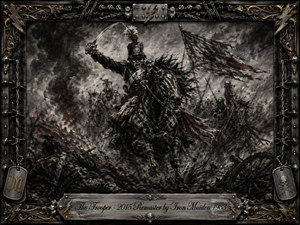 A fierce cavalry trooper charges through a smoke-choked battlefield, saber raised above a powerful black horse as soldiers and a torn flag surge behind him. Deep charcoal textures, metallic grays, muted crimson accents, and stormy lighting create a grim, heroic intensity. An ornate iron-and-gold frame completes the dramatic composition.