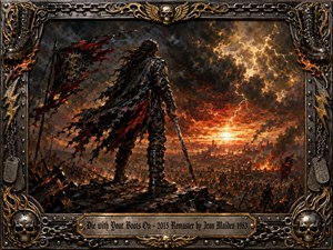 A battle-worn warrior stands defiantly on a shattered ridge, boots planted against an apocalyptic battlefield of fire, smoke, lightning, and torn banners. Rich oil-painted textures blend iron gray, crimson, black, and molten gold. An ornate chrome-and-gold frame of skulls, chains, boots, and flames intensifies the heroic heavy-metal atmosphere.