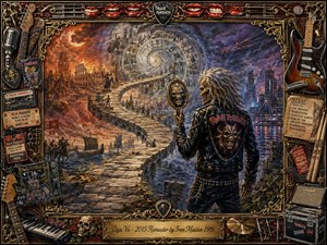 A dramatic, surreal metal tableau depicts a weathered warrior facing a swirling time portal, surrounded by ancient ruins, ships, and futuristic city lights. Rich bronze, crimson, charcoal, and midnight blue dominate, illuminated by eerie celestial glow. Ornate gold framing, vintage instruments, memorabilia, skulls, roses, and a carved title plaque enhance the nostalgic, mystical atmosphere.