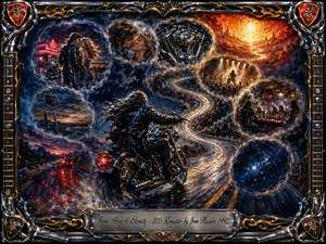 A lone biker races along a winding moonlit highway toward a blazing horizon, surrounded by feathered memories of romance, neon nightlife, roaring engines, concerts, and distant stars. Deep blues, chrome silver, crimson, and fiery gold create a dramatic acrylic-painted atmosphere, framed with ornate metallic guitar and motorcycle motifs.