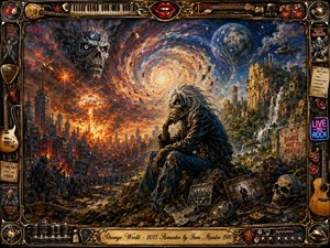 A brooding skull-faced figure in a leather jacket sits between a burning futuristic city and a lush ruined landscape beneath a swirling cosmic vortex. Fiery oranges, deep blues, and weathered gold create dramatic contrast and melancholy. Richly textured oil-paint detail, metallic ornaments, guitars, posters, roses, and memorabilia surround the scene within an elaborate frame.