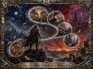 A lone traveler surveys a shattered world as glowing feather-edged spheres spiral through ancient ruins, industrial war, ruined cities, and a crimson futuristic skyline. Stormy blues, ember reds, gold, and steel tones create an ominous, heroic mood. Painterly textures, dramatic moonlight, firelit horizons, drifting feathers, and an ornate metallic frame intensify the timeless atmosphere. SongData-Days_Of_Future_Past-Iron_Maiden-2021