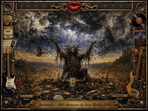 A dramatic heavy-metal fantasy scene shows a feathered shaman raising his arms beneath a turbulent rainstorm, surrounded by cracked earth, skulls, ravens, and ghostly faces in the clouds. Deep charcoal, sepia, steel-blue, and muted gold create a dark, ritualistic mood, illuminated by flashes of lightning. Ornate musical memorabilia frame the richly textured composition.