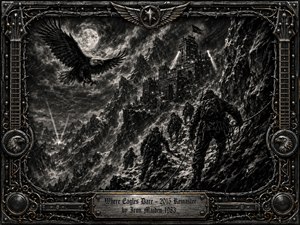 A stormy charcoal mountain landscape shows roped climbers advancing toward a towering fortress beneath a glowing moon as a great eagle sweeps overhead. Deep blacks, smoky grays, sharp highlights, and subtle gold accents create a tense, heroic mood. An ornate metal frame of rivets, barbed wire, guitar details, and eagle medallions completes the dramatic composition.
