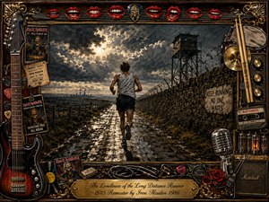A lone runner charges along a rain-darkened road through bleak moorland, beneath dramatic storm clouds pierced by golden sunlight. The composition blends rugged stone walls, barbed wire, and a distant watchtower with an ornate heavy-metal frame crowded by guitars, drums, microphones, tapes, roses, and concert memorabilia. Rich bronze, black, crimson, and gold tones create a brooding, nostalgic, determined atmosphere.