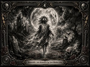 A ghostly moonchild floats before an enormous full moon in a storm-lashed gothic wasteland, surrounded by ruined towers, ravens, skulls, twisted trees, and occult markings. Deep charcoal blacks and silvery grays dominate, accented by muted crimson. Dramatic moonlight and lightning heighten the ominous, supernatural atmosphere within an ornate metallic rock-inspired frame.