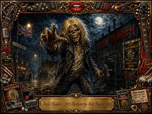 A skeletal, wild-haired Eddie dominates a rain-slicked London street beneath a glowing moon, reaching menacingly toward the viewer. Deep blue-gray shadows contrast with fiery reds and aged golds, creating a brooding heavy-metal mood. Ornate musical memorabilia frames the scene, while roses, guitars, records, posters, fog, and a carved title plaque add theatrical vintage detail.