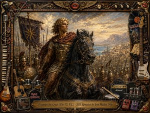 A richly textured oil-painted scene portrays Alexander the Great mounted on a powerful black horse, leading an ancient Macedonian army toward a distant coastal city beneath a dramatic golden sunset. Ornate bronze and gold framing surrounds the composition, decorated with guitars, drums, records, amplifiers, and musical relics, creating a majestic, theatrical fusion of history and heavy metal.
