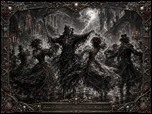 A skeletal reaper leads ghostly dancers through a ruined Gothic cathedral beneath a storm-lit moon. Deep charcoal textures, smoky shadows, torn gowns, roses, and flashes of crimson create a sinister theatrical mood. Ornate iron, gold inlay, skulls, and guitar details frame the swirling composition, illuminated by candles and lightning.