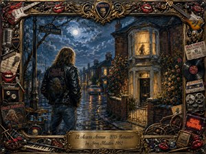 A rain-soaked suburban avenue glows beneath a moonlit blue sky, with a solitary leather-clad figure facing an ornate brick house at number 22. Warm windows, wet reflections, roses, and shadowy silhouettes create tension and nostalgia. Richly textured oil-paint realism blends deep blues, bronze, red, and gold within an elaborate musical frame.