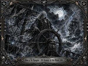 A ghostly navigator grips a massive ships wheel amid a raging moonlit sea, surrounded by torn rigging, phantom mist, distant spectral ships, and jagged lightning. Deep charcoal blacks, silver grays, and cold blue highlights create a haunted, dramatic mood, framed by ornate metalwork, chains, skulls, stars, and engraved detailing.