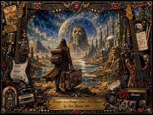 A lone traveler stands in a surreal desert landscape, facing ancient pyramids, monumental ruins, futuristic towers, and a colossal stone visage beneath a glowing moon. Rich gold, bronze, deep blue, and dusty brown tones create a mysterious, adventurous mood. Ornate guitars, drums, records, roses, and concert memorabilia frame the dramatic oil-painted fantasy composition.