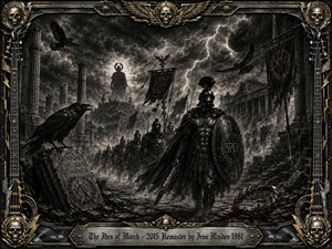 A shadowy Roman legion advances through ruined columns beneath a violent, lightning-split sky, led by an armored warrior with sword and shield. Ravens, torn banners, fog, and ancient warnings intensify the ominous mood. Deep charcoal blacks, smoky grays, metallic gold accents, and dramatic highlights create a richly textured, theatrical heavy-metal atmosphere.
