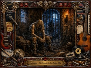 A chained prisoner sits hunched inside a dark stone cell, illuminated by cold blue moonlight and flickering torchfire. The mood is bleak, defiant, and ominous. Rich bronze, crimson, black, and gold tones frame the scene with guitars, drums, vinyl, chains, skull motifs, and vintage memorabilia, creating an ornate, dramatic heavy-metal collage.