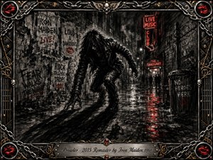 A shadowy prowler crouches in a rain-soaked urban alley, surrounded by torn posters, graffiti, chain-link fencing, and glowing red neon. Deep charcoal textures and harsh contrasts create a sinister, restless mood, while wet pavement reflects crimson light. An ornate metal frame of chains, skulls, gold inlay, and red lips completes the gritty heavy-metal composition.
