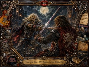 A dramatic heavy-metal fantasy scene shows two warriors locked in a fierce sword clash beneath a glowing full moon, surrounded by ruined medieval towers, smoke, and scattered skulls. Rich crimson, black, bronze, and gold tones create a dark, fiery atmosphere. Elaborate vintage instrument memorabilia frames the cinematic oil-paint-inspired composition.