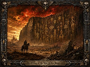 A lone rider confronts a towering desert wall covered in glowing prophetic symbols beneath a fiery red-orange sky. The apocalyptic landscape feels ominous and ancient, with ruined structures, rocky debris, and dramatic golden light. Rich painterly textures, scorched earth tones, skulls, barbed wire, and metallic ornamentation create a powerful heavy-metal atmosphere.