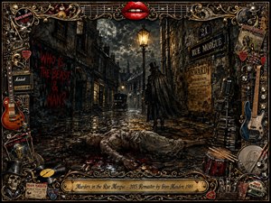 A haunting Victorian murder scene unfolds on a foggy Rue Morgue at night, with a bloodied woman on rain-slick cobblestones and a mysterious shadowy figure beneath a glowing gaslamp. Cold moonlight contrasts with warm lanterns, while ornate gold framing, guitars, skulls, roses, and vintage rock memorabilia create a richly textured, gothic impressionist composition.