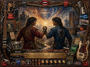 Two rugged warriors in red and blue clasp forearms beneath a blazing sun, symbolizing brotherhood amid castles, ships, armies, and a ghostly skull. Ornate gold filigree frames the dramatic scene, surrounded by guitars, amps, records, and concert memorabilia. Rich reds, blues, bronze, and charcoal create a warm, epic, painterly heavy-metal atmosphere.