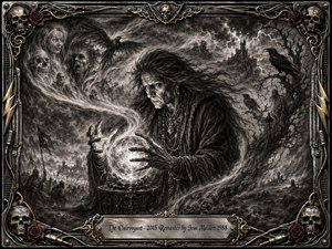 A haunted clairvoyant bends over a glowing crystal sphere as spectral faces, ravens, battlefields, twisted trees, and lightning-filled ruins swirl around him. Deep charcoal textures and smoky monochrome shadows create an ominous, prophetic mood, while sharp highlights illuminate his hands and face. An ornate metallic frame adds skulls, roses, cables, and gold accents.