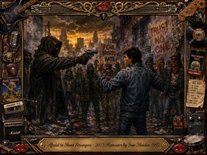 A dramatic painted scene shows a frightened man confronting a hooded gunman in a ruined city at sunset, surrounded by tense figures and warnings of fear. Burnt oranges, deep browns, charcoal blacks, and metallic gold create a somber atmosphere. Richly textured brushwork, vintage rock memorabilia, and an ornate frame reinforce the haunting Iron Maiden aesthetic.