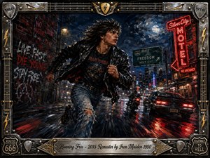 A young rebel races through a rain-slick neon city, his leather jacket and hair whipping with motion as motorcycles and muscle cars streak behind him. Dark blues, chrome silver, and fiery reds create a restless nighttime mood, while bold acrylic textures, graffiti, highway signs, and an ornate metallic frame emphasize speed, freedom, and defiance.
