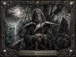 A haunted ancient mariner stands aboard a ghostly ship beneath cold moonlight, an albatross spread across his chest as spectral sailors loom behind him. Deep charcoal textures, silver-gray seas, icy cliffs, faint green glows, and restrained blood-red accents create a grim gothic mood, framed by ornate skull-studded metalwork and engraved detailing.
