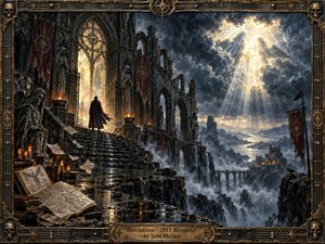 A solitary cloaked figure ascends rain-slicked steps through a ruined Gothic cathedral overlooking a storm-shrouded valley. Golden light breaks violently through black clouds, illuminating statues, torn banners, candles, manuscripts, and ancient stonework. The dark, dramatic composition blends medieval fantasy with richly textured oil-paint detail and weathered metallic framing.