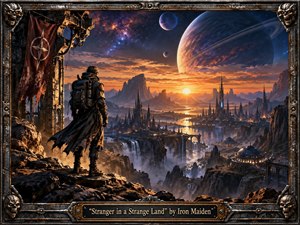 A lone traveler overlooks a vast alien city carved among jagged mountains, waterfalls, bridges, and glowing domes beneath an enormous ringed planet. Warm sunset gold contrasts with deep cosmic blues, creating awe and isolation. The cinematic digital painting features intricate metallic framing, dramatic depth, atmospheric mist, and a weathered engraved title plate.