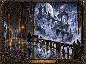 A solitary figure stands within a vast gothic dreamscape of moonlit towers, floating ruins, endless stairways, and cosmic skies. Cold blues, silver mist, and violet galaxies contrast with warm candlelight reflecting across cracked black marble. Ornate bronze framing, ravens, skull motifs, and surreal architecture create a haunting, introspective, meticulously painted atmosphere.