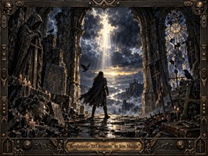 A lone warrior stands within a ruined Gothic cathedral, facing a radiant break in storm-darkened skies above a distant mountain valley. Cold blues, blackened stone, bronze, and golden light create an ominous yet transcendent mood. Ravens, candles, shattered stained glass, skulls, and weathered metalwork enrich the dramatic, highly detailed fantasy painting.