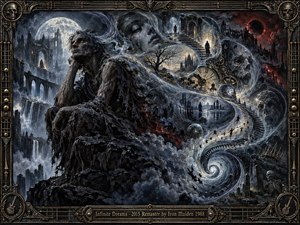 A brooding figure sits amid a surreal gothic dreamscape where moonlit ruins, skeletal forms, fractured clocks, distant stairways, and swirling cosmic visions merge along a spiraling path. Cold blue-gray tones clash with ember-red shadows, while dramatic chiaroscuro, intricate metalwork, and painterly textures create an ominous, introspective atmosphere of endless memory and mortality.