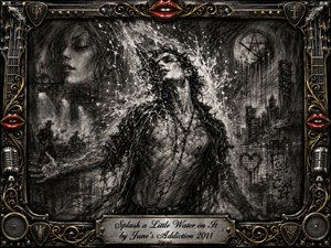 A dramatic charcoal figure stands with arms outstretched as water explodes around him in a gritty urban concert dreamscape. Deep blacks, smoky grays, and sharp white highlights create intense contrast, while subtle red accents energize the scene. An ornate chrome-and-gold musical frame, microphones, strings, speakers, and red lips complete the rebellious composition.